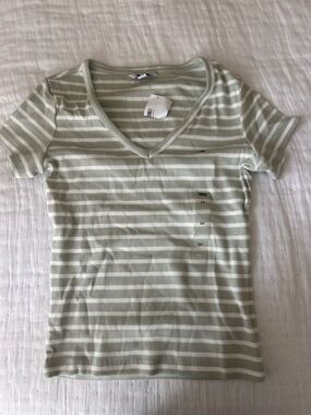Tommy Hilfiger Striped V-Neck Tee in Sage Green and White